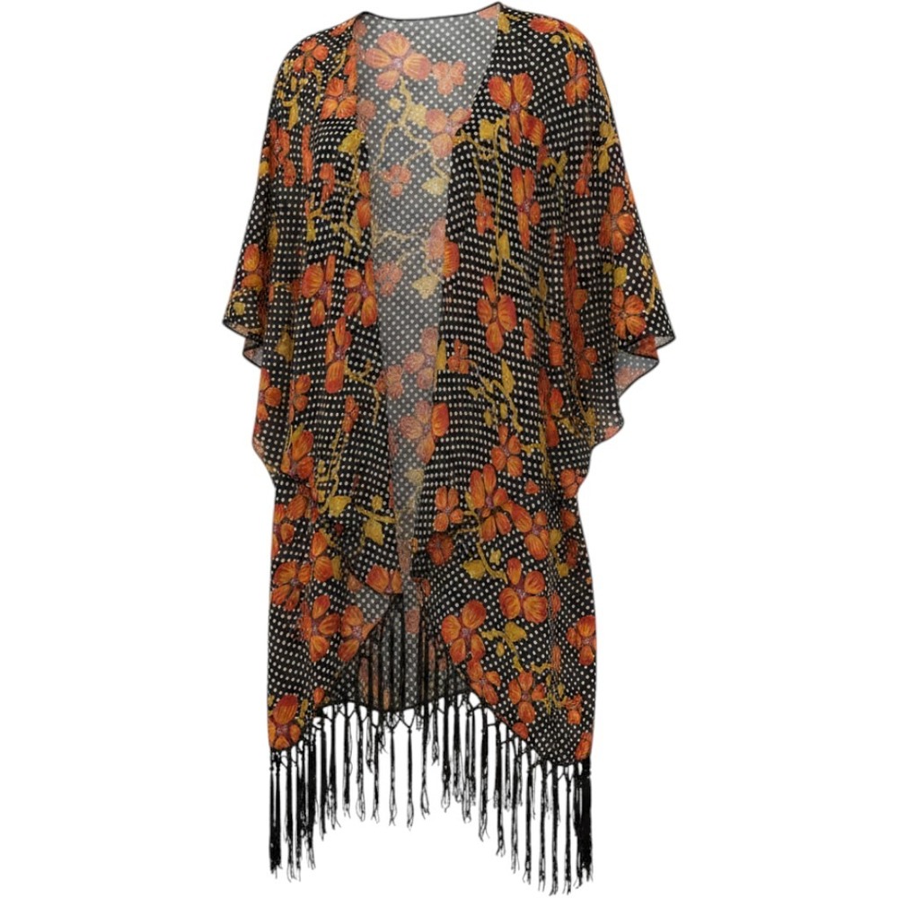 LuLaRoe Monroe Kimono Small Black Floral Polka Dot Fringe Wrap Cardigan Boho